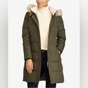 Ralph Lauren Sz 4-6 Long Khaki Down quilt hood Zip fur winter jacket pre-owned